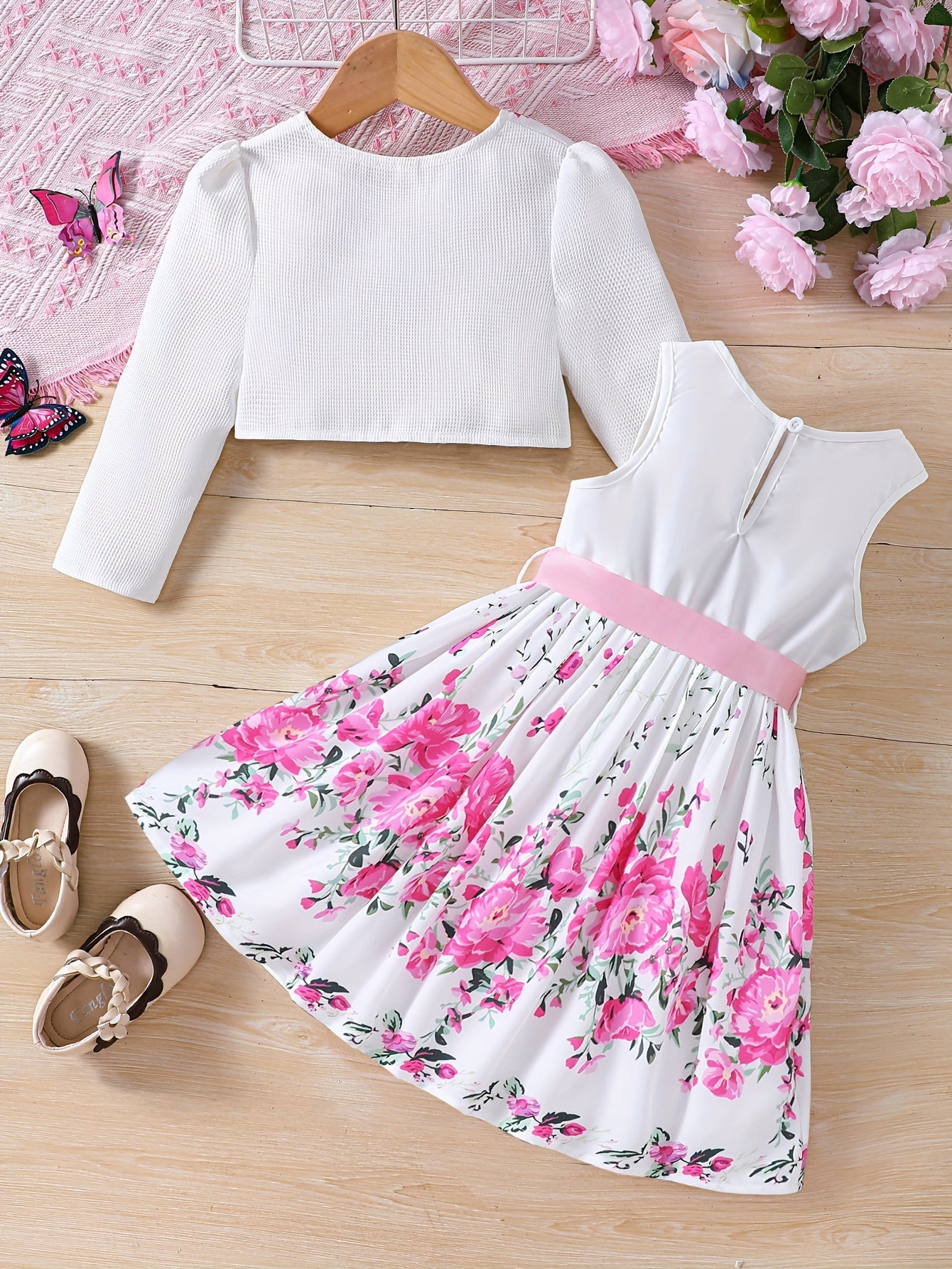 Girls Adorable Long Sleeve Cardigan & Floral Sundress Set - Soft & Stylish Two-piece Outfit for Daily Summer Adventures