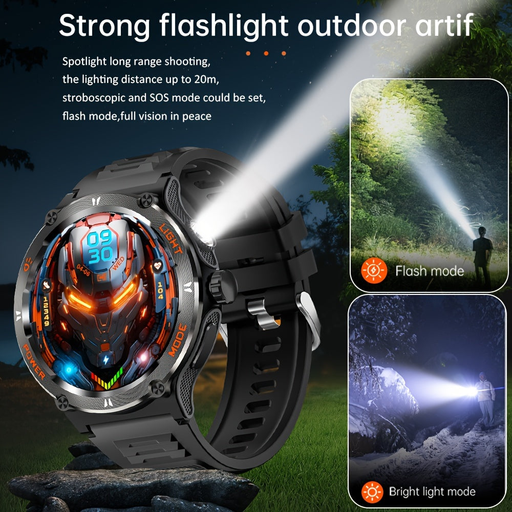 2024 Smart Watch For Men 3.89cm Smart Watch (Answer/Make Calls) With Ultra Powerful Flashlight 100+Sports Modes Fitness Tracker, 500mAh Extra-Long Battery, Compass, Waterproof Rugged Smartwatch Smart Watch For IPhone/Android