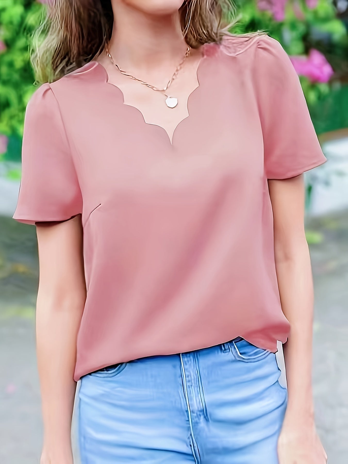 Solid V Neck Blouse, Elegant Short Sleeve Scallop Trim Blouse For Spring & Summer, Women's Clothing