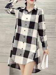 Plaid Print Button Front Shirt, Casual Long Sleeve Long Length Blouse For Spring & Fall, Women's Clothing