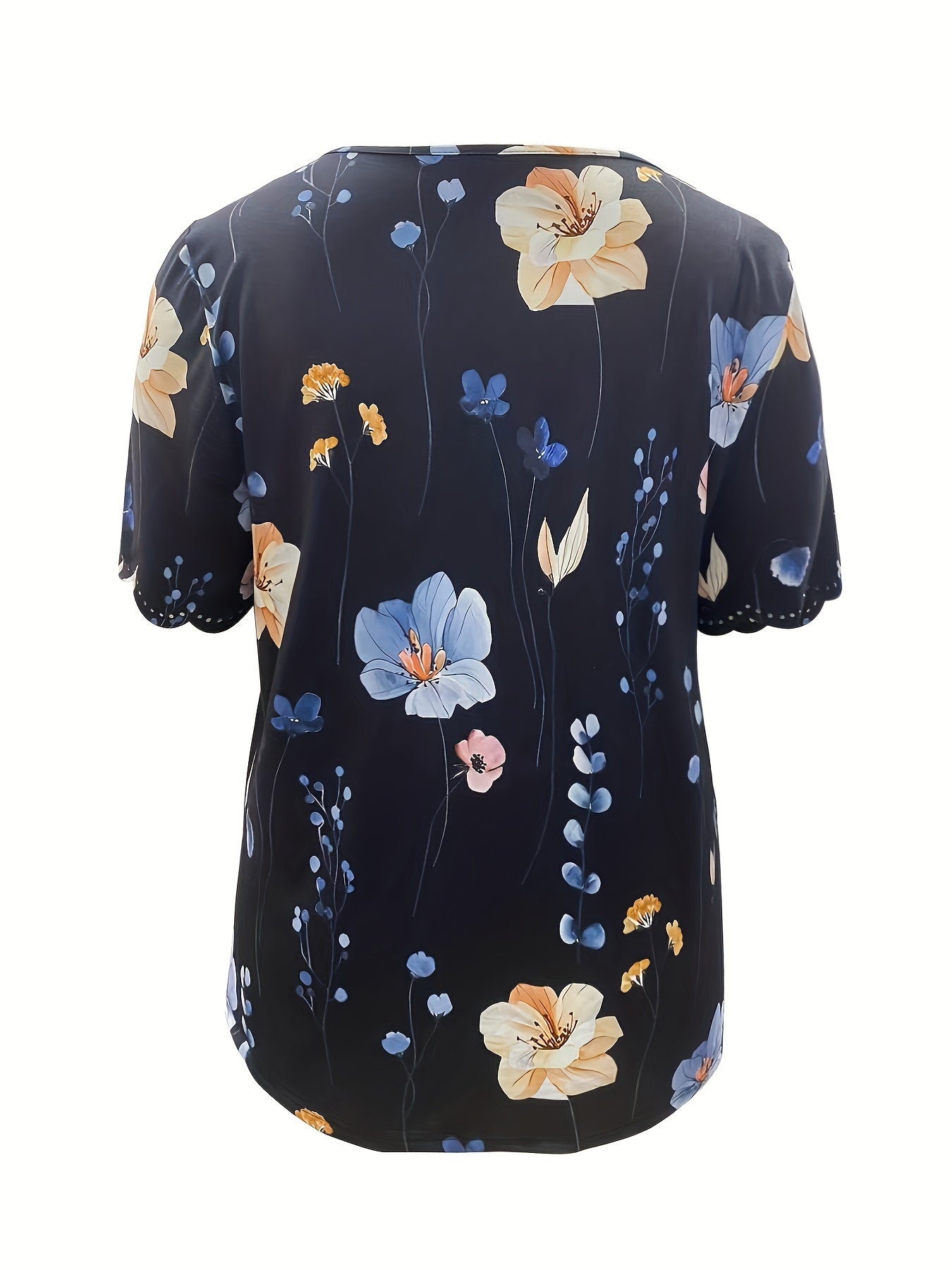 Plus Size Floral Print T-Shirt, Casual Short Sleeve V Neck T-Shirt, Women's Plus Size Clothing