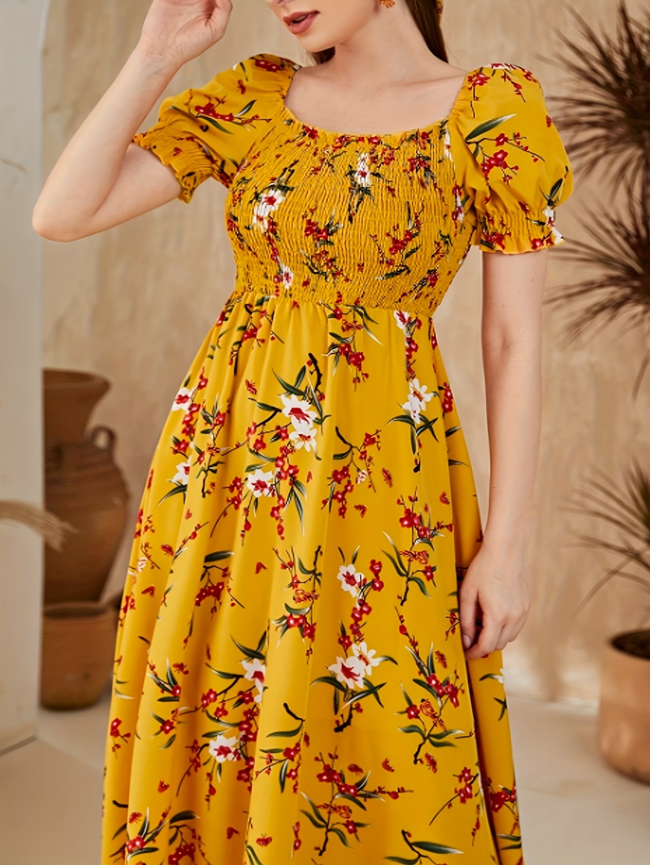 Plus Size Floral Print Shirred Dress - Flattering & Stylish Square Neckline - Comfortable Short Sleeves - Flowing Midi Length - Womens Fashion Wardrobe Staple