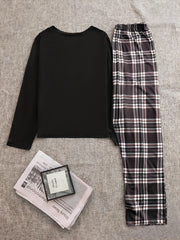 Bear Print Casual Set, Crew Neck Long Sleeve Top & Plaid Straight Leg Pants, Women's Clothing