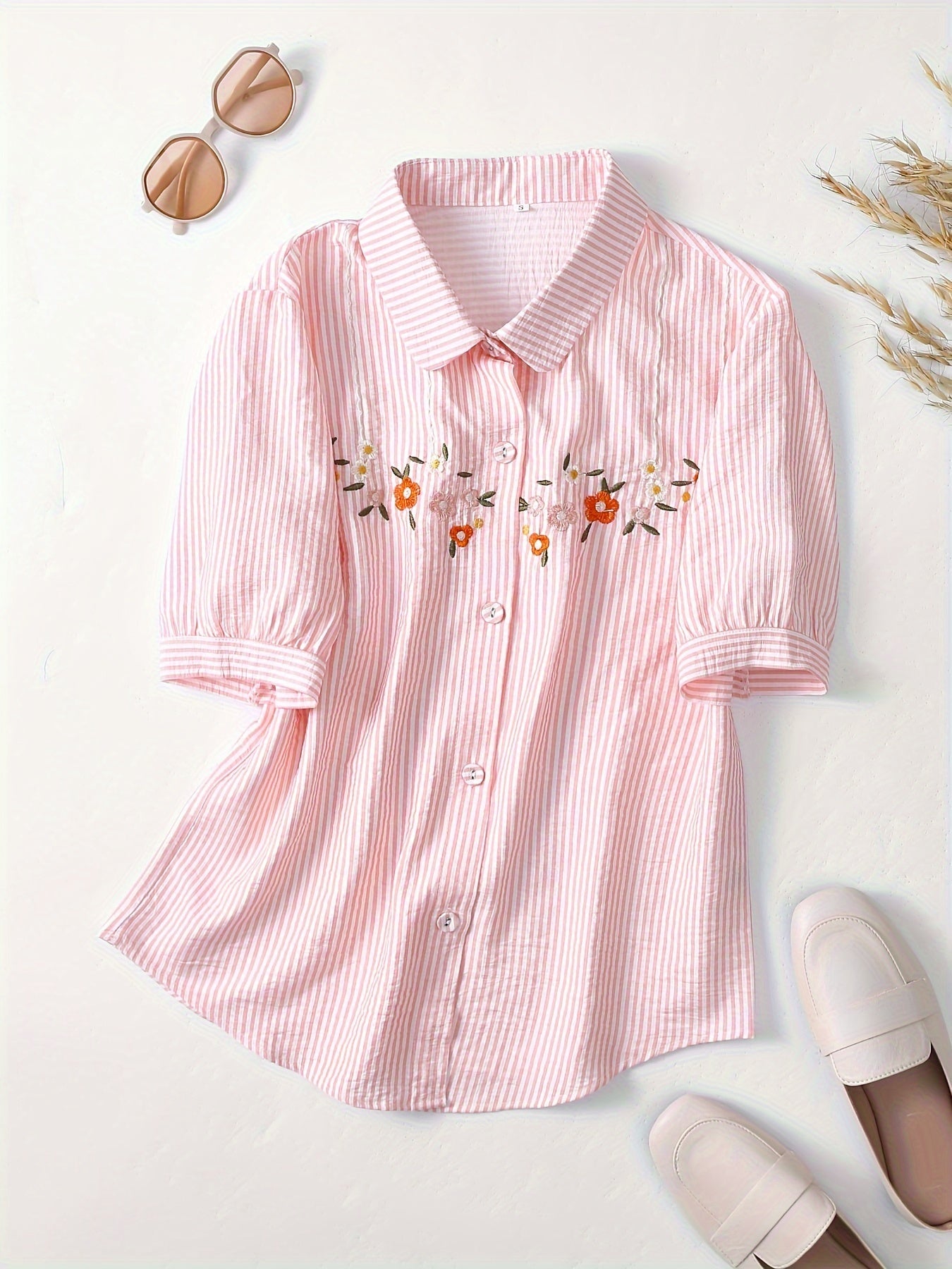 Floral Embroidered Striped Print Blouse, Cute Short Sleeve Blouse For Spring & Summer, Women's Clothing