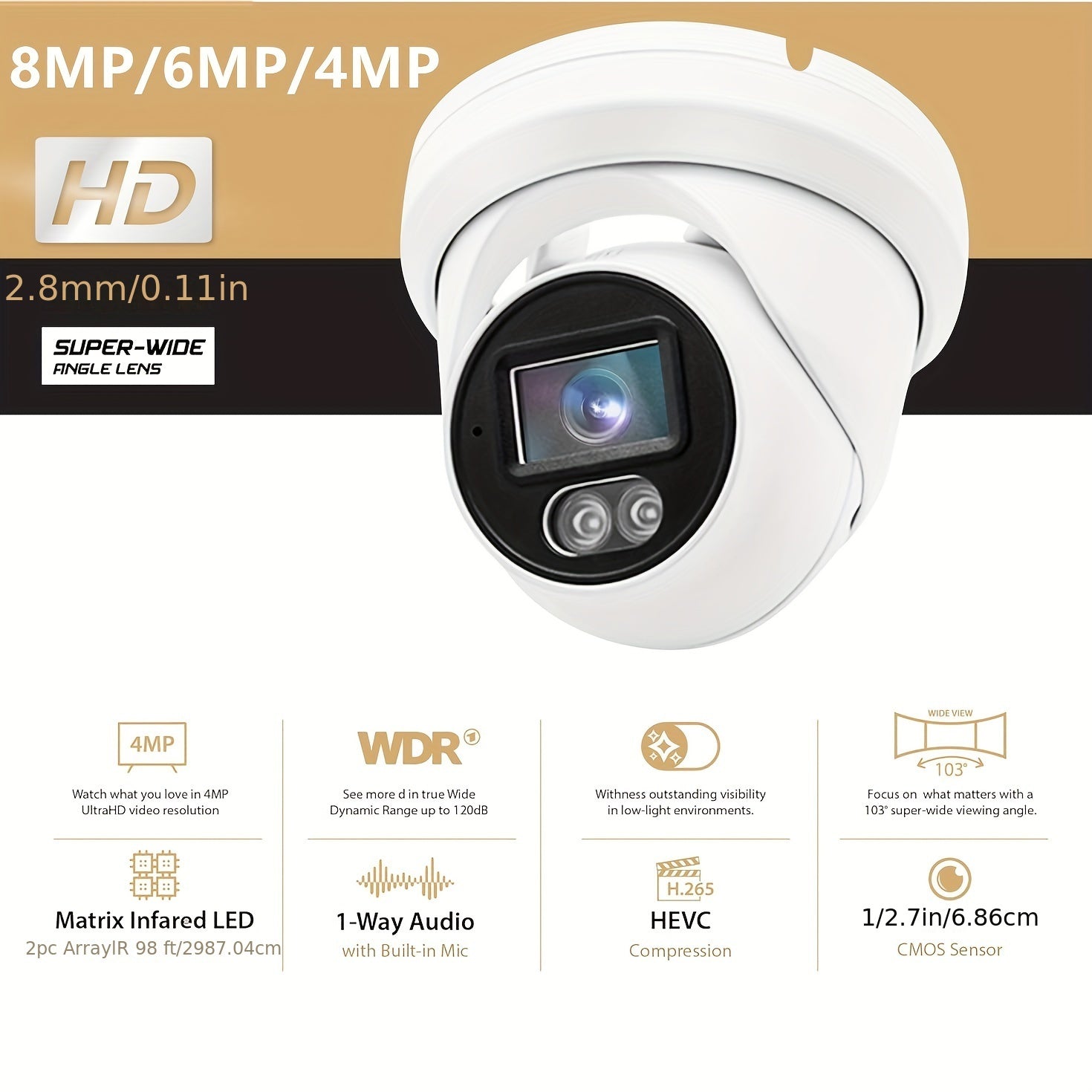 4K/ 8MP, 6MP, 2K/ 4MP IP Dome Camera Audio Outdoor Indoor POE H. 265 Onvif Wide Angle 2. 8mm Al Full Color Night Vision Home CCTV Video Surveillance Security. POE NVR POE Switch Built-in Micphone/ Audio