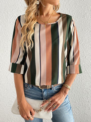 Striped Print 3/4 Sleeve Blouse, Casual Crew Neck Versatile Blouse, Women's Clothing