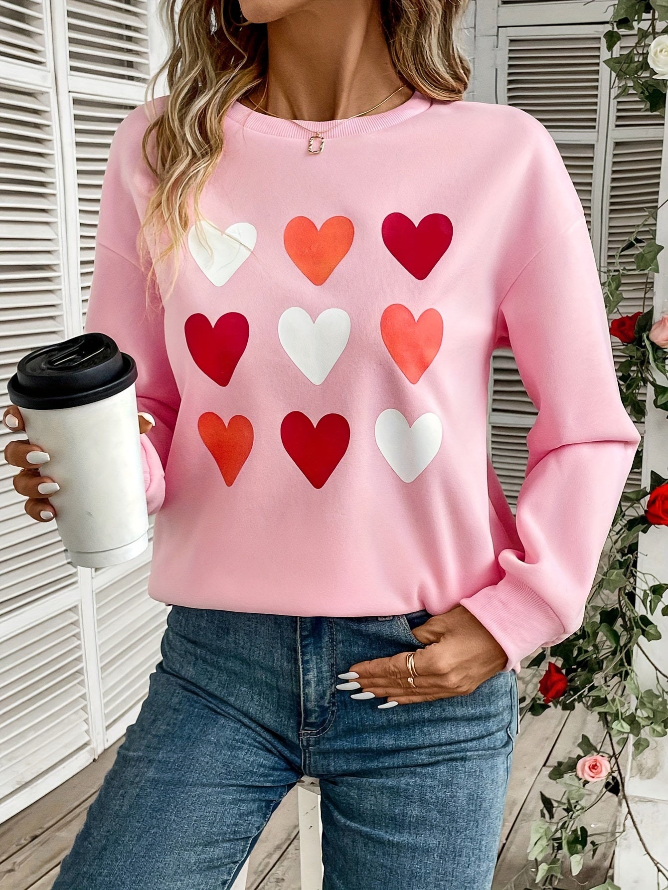 Heart Print Pullover Sweatshirt, Casual Long Sleeve Crew Neck Sweatshirt For Fall & Winter, Women's Clothing