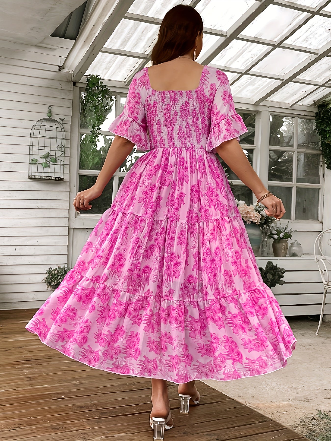 Plus Size Romantic Dress, Women's Plus Floral Print Shirred Butterfly Sleeve Square Neck Smock Maxi Dress