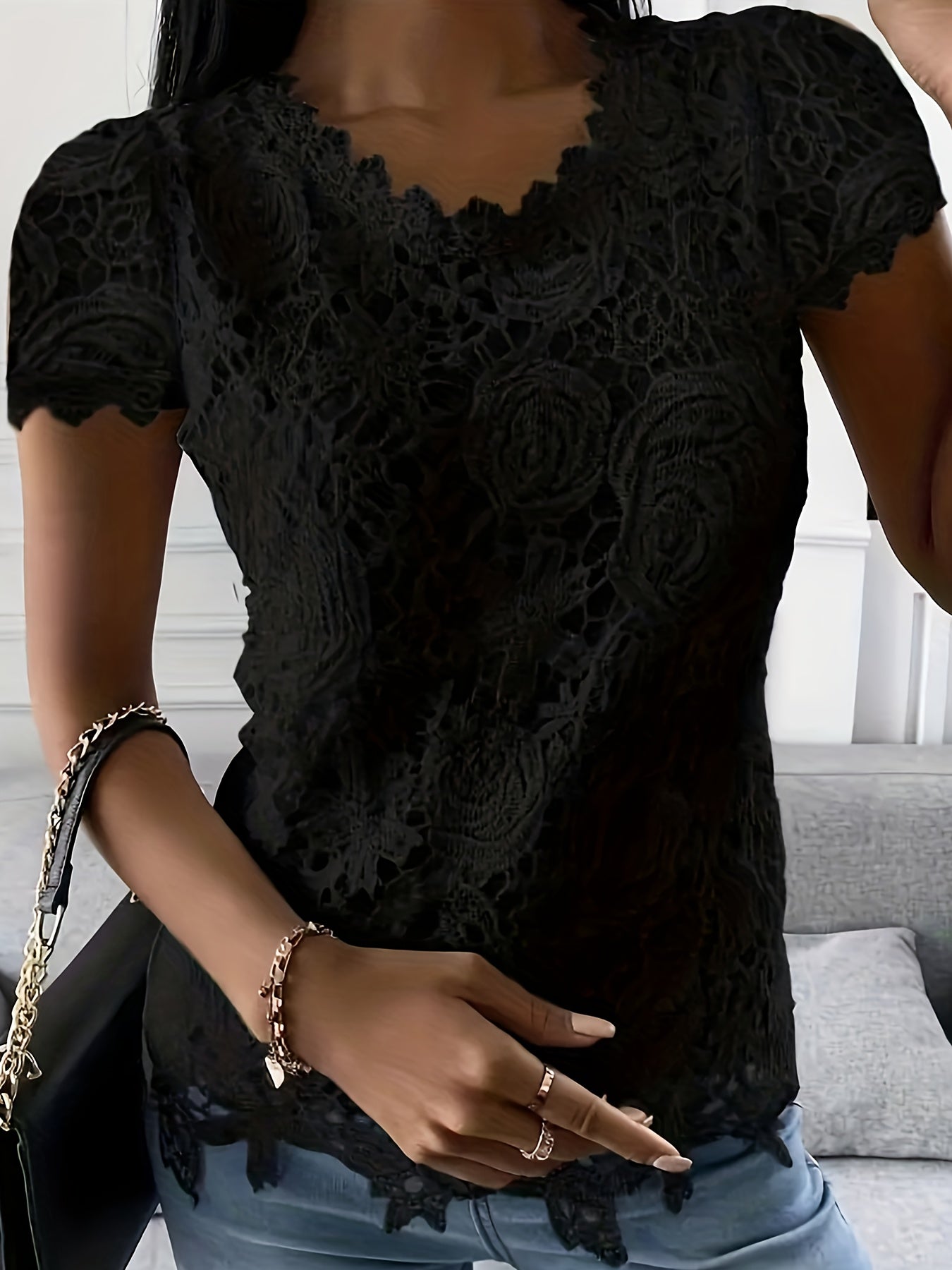 Solid Lace Short Sleeve Top, Versatile Blouse For Spring & Summer, Women's Clothing