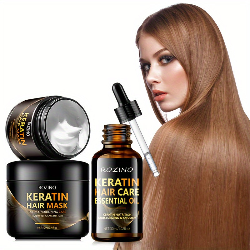 Rozino 2pcs Keratin & Rosemary Avocado Hair Care Set - Deep Moisturizing Essential Oil For Smooth, Hydrated Locks Hair Oil For Dry Hair Rosemary Oil For Hair