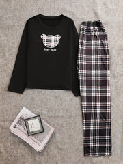 Bear Print Casual Set, Crew Neck Long Sleeve Top & Plaid Straight Leg Pants, Women's Clothing