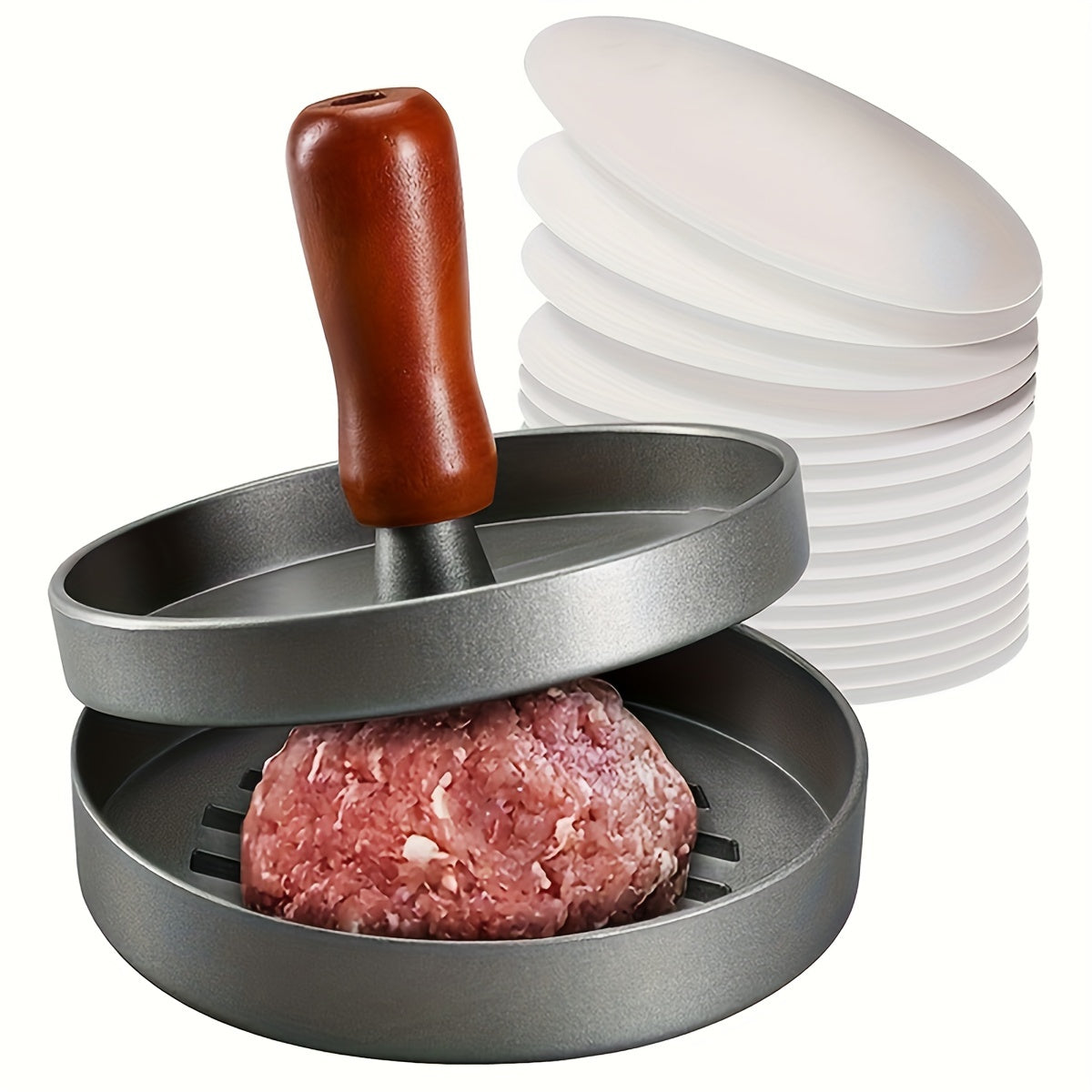 Qicai Xiaolu Metal Hamburger Press - Manual Non-Stick Patty Maker for Kitchen with 100 Wax Papers, Uncharged Food Mill Gadget for Ages 14+