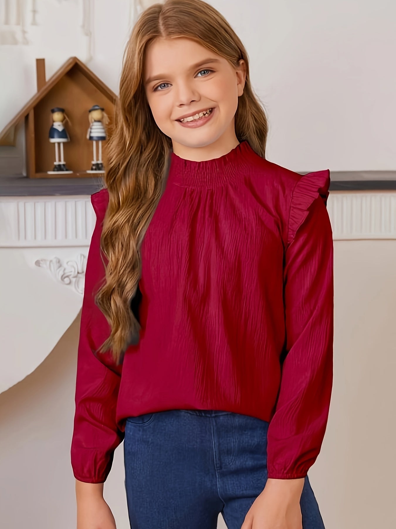 Girls Elegant Loose-fitting Solid Color Shirt With Ruffled Collar, Suitable For Everyday Spring/ Fall