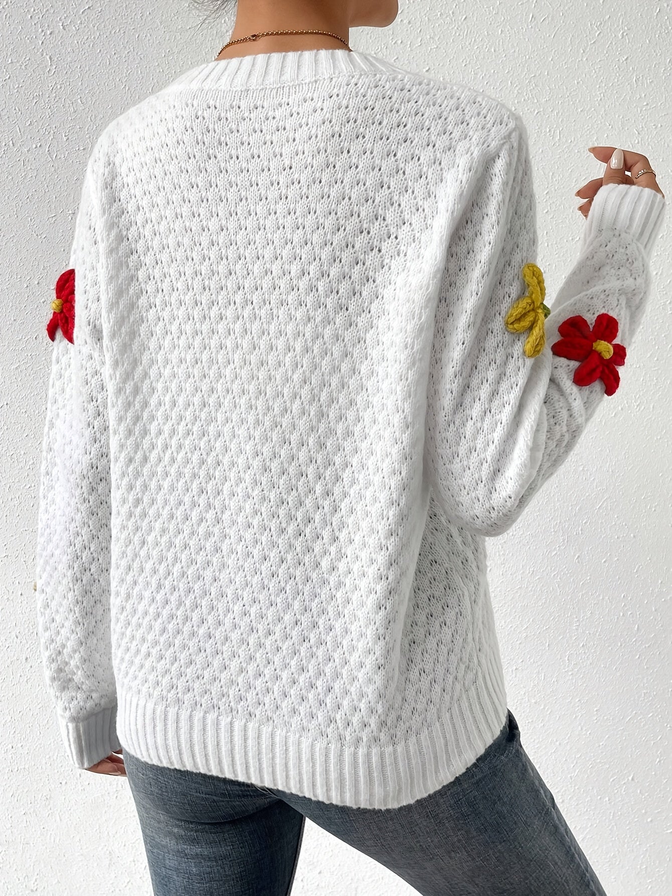 Floral Design Crew Neck Knitted Sweater, Casual Long Sleeve Drop Shoulder Pullover Sweater For Fall & Winter, Women's Clothing