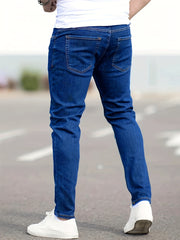 Men's Casual Style Slim Fit Denim Jeans, Classic Blue Slightly Stretch Pants With Pockets, Versatile For Daily Wear