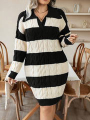 Plus Size Color Block Cable Knit Bodycon Sweater Dress, Elegant Long Sleeve Collared Dress For Spring & Fall, Women's Plus Size Clothing