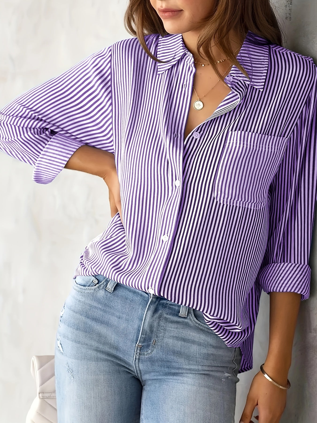 Striped Print Button Front Shirt, Casual Long Sleeve Shirt With Pocket, Women's Clothing