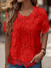 Solid Lace Crew Neck Blouse, Elegant Short Sleeve Blouse For Spring & Summer, Women's Clothing