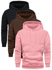 Men's 3-pack Set Of Solid Hooded Long Sleeve Fleece Sweatshirts With Kangaroo Pocket, Spring And Fall Trendy Hoodies For Daily Outings