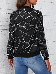 Geo Print Zipper Front Bomber Jacket - Long Sleeve, Baseball Collar, Rib-Knit, Micro Elasticity, Polyester, Random Geometric Pattern, Casual Style, Fall/Winter Wear, No Sheer - Womens Clothing for Spring and Fall Seasons