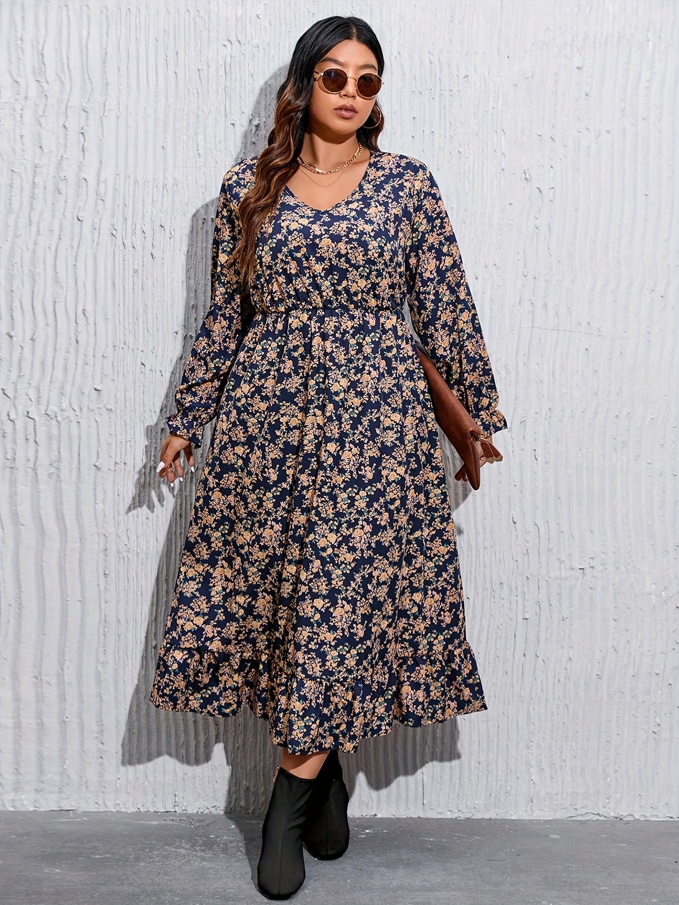 Plus Size Floral Print Cinched Waist Dress, Vacation Style Ruffle Hem Long Sleeve V Neck Midi Dress For Spring & Fall, Women's Plus Size Clothing