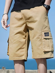 Men's Label Patchwork Solid Cargo Shorts With Flap Pockets, Versatile And Trendy For Summer Outdoors And Sports Wear