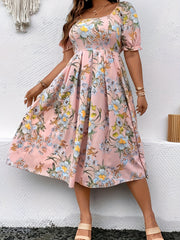 Plus Size Floral Print Cinched Waist Dress, Elegant Square Neck Pleated Swing Dress For Spring & Summer, Women's Plus Size Clothing