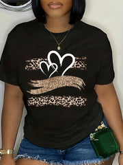 Plus Size Heart & Leopard Print T-Shirt, Casual Short Sleeve Top For Spring & Summer, Women's Plus Size Clothing