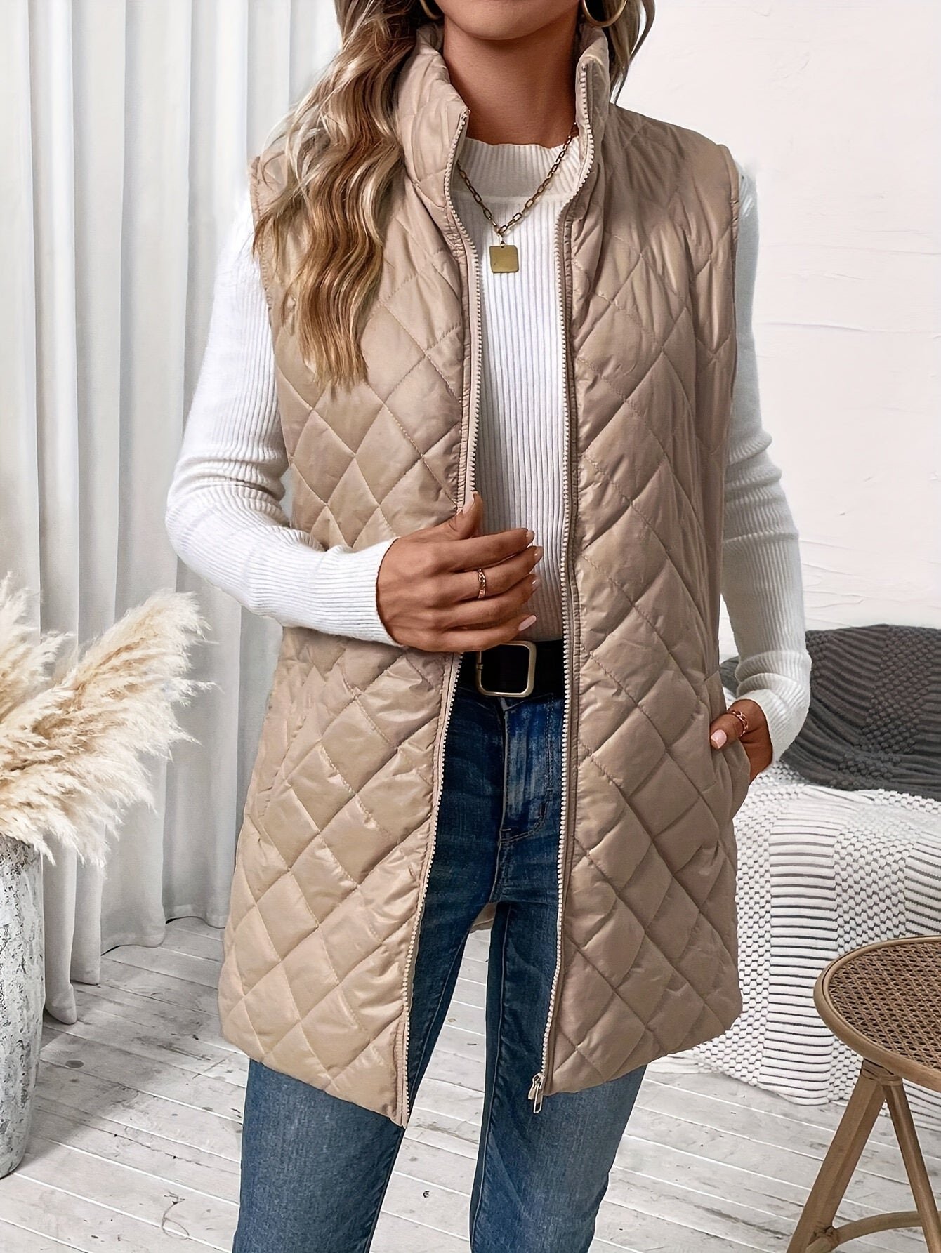 Argyle Quilted Zipper Front Padding Vest, Elegant Sleeveless Gilet Jacket For Fall & Winter, Women's Clothing