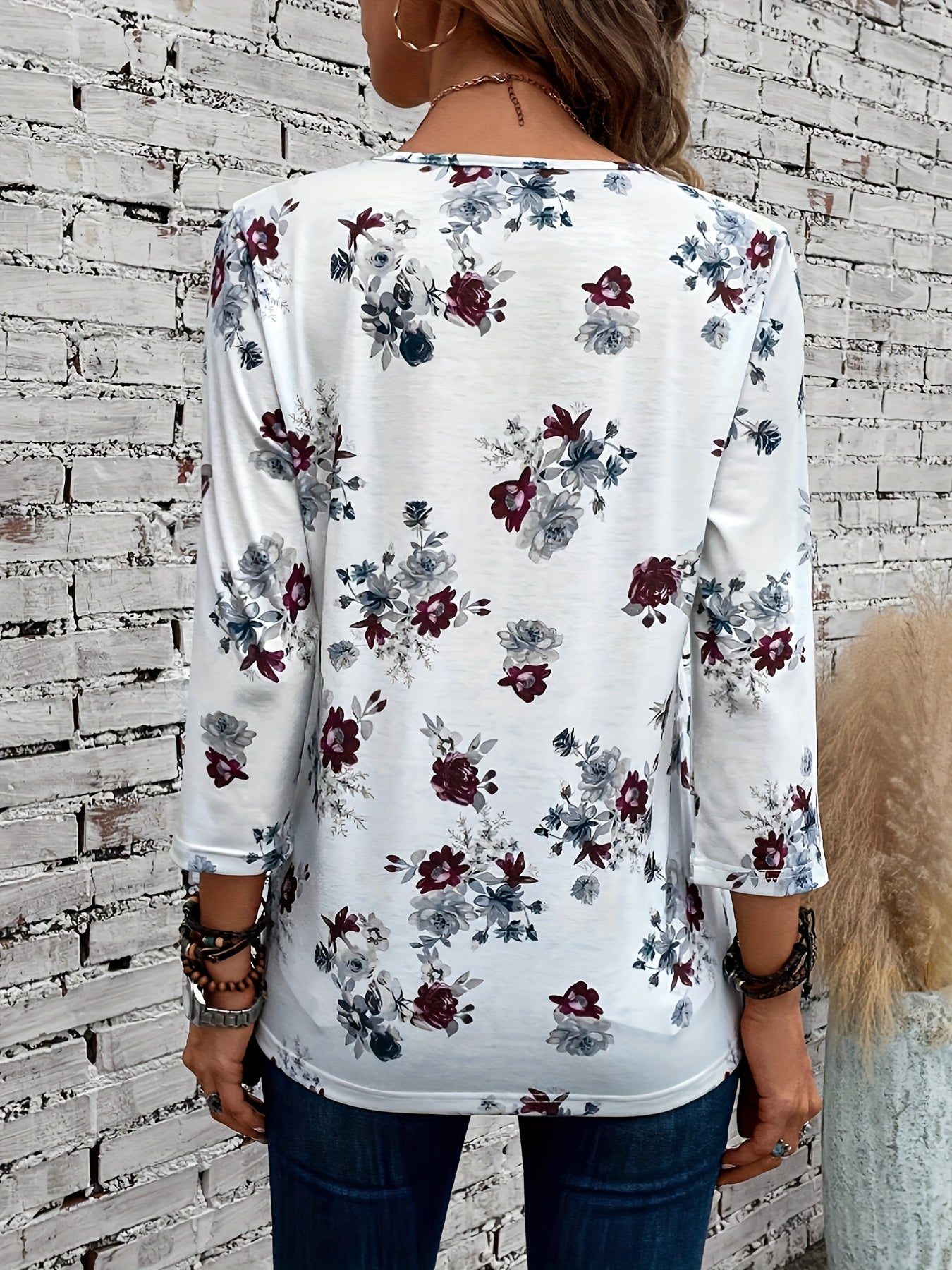 Floral Print Notched V Neck T-shirt, Elegant 3/4 Sleeve Ruched Top For Spring & Fall, Women's Clothing