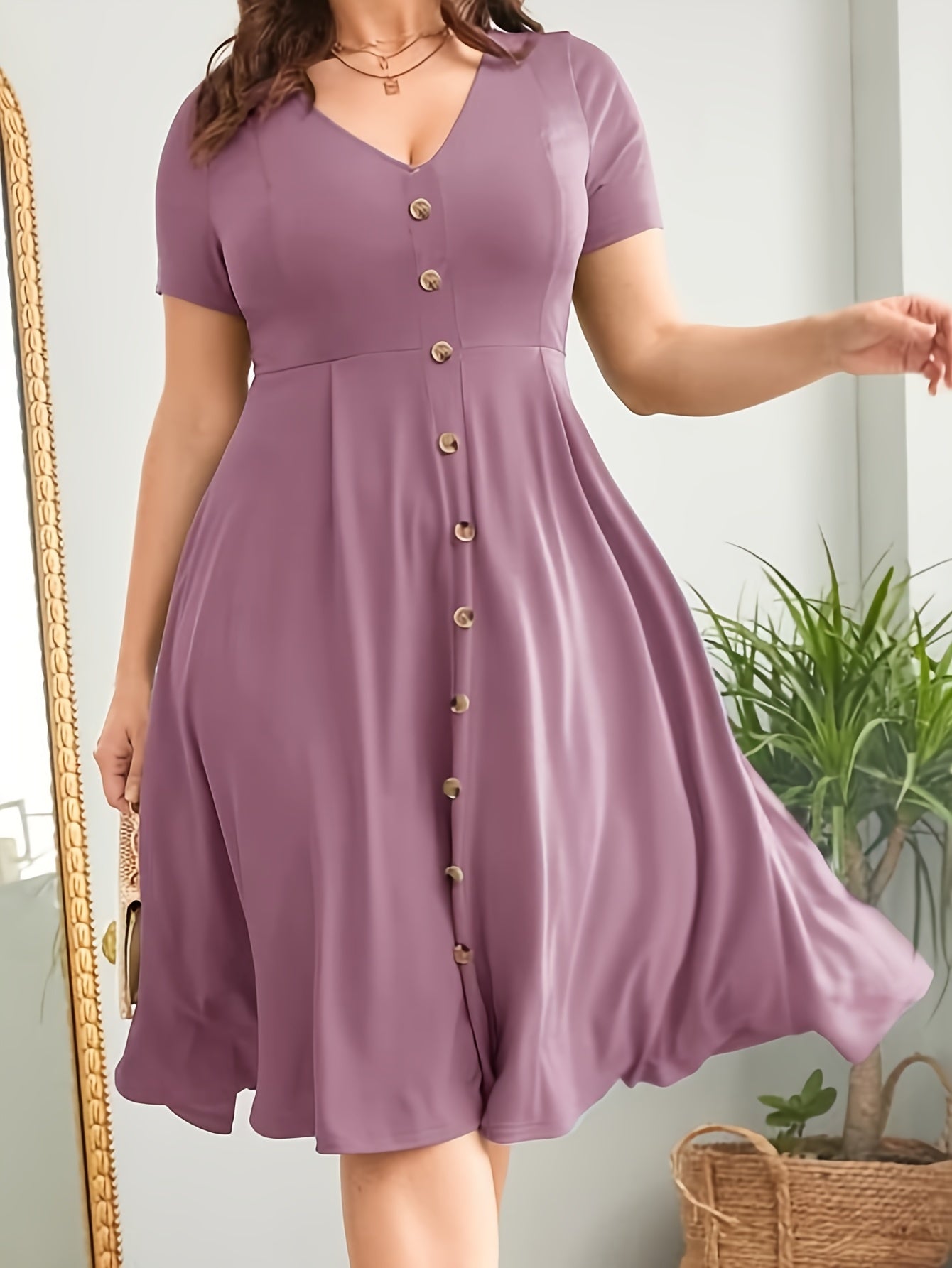 Plus Size Solid Button Front Swing Dress, Casual Short Sleeve V Neck Knee Length Dress For Spring & Summer, Women's Plus Size Clothing