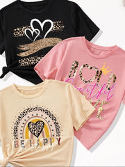 3pcs, Cartoon Portrait/heart Pattern Crew Neck T-shirts, Casual Short Sleeve Trendy Summer Tees Comfy Tops, Girls' Clothing