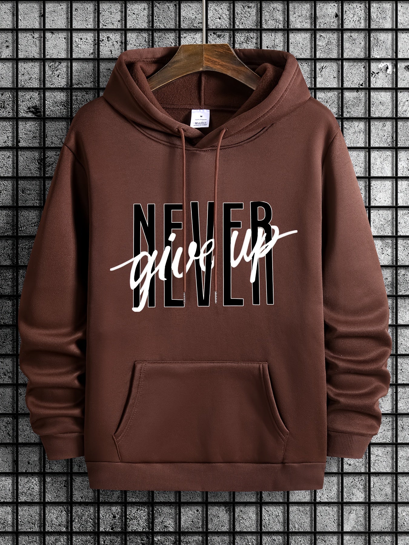 Novel Design Phrase NEVER GIVE UP Print, Men's Fashion Trendy Long Sleeve Hoodie & Sweatshirt With Drawstring & Pocket For Outdoor Daily Wear