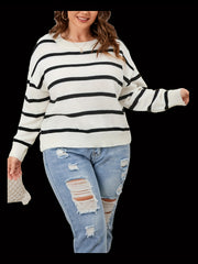 Plus Size Stripe Pattern Color Block Sweater, Casual Drop Shoulder Crew Neck Long Sleeve Sweater For Fall & Winter, Women's Plus Size Clothing