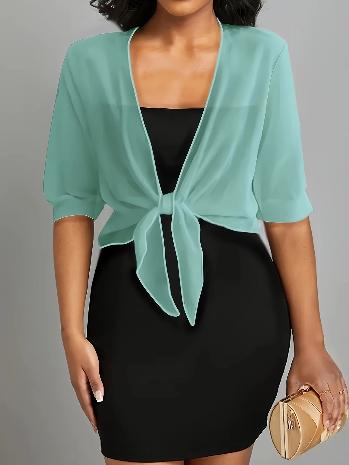 Solid Color Tie Front Crop Blouse, Elegant Half Sleeve Crop Blouse For Spring & Summer, Women's Clothing