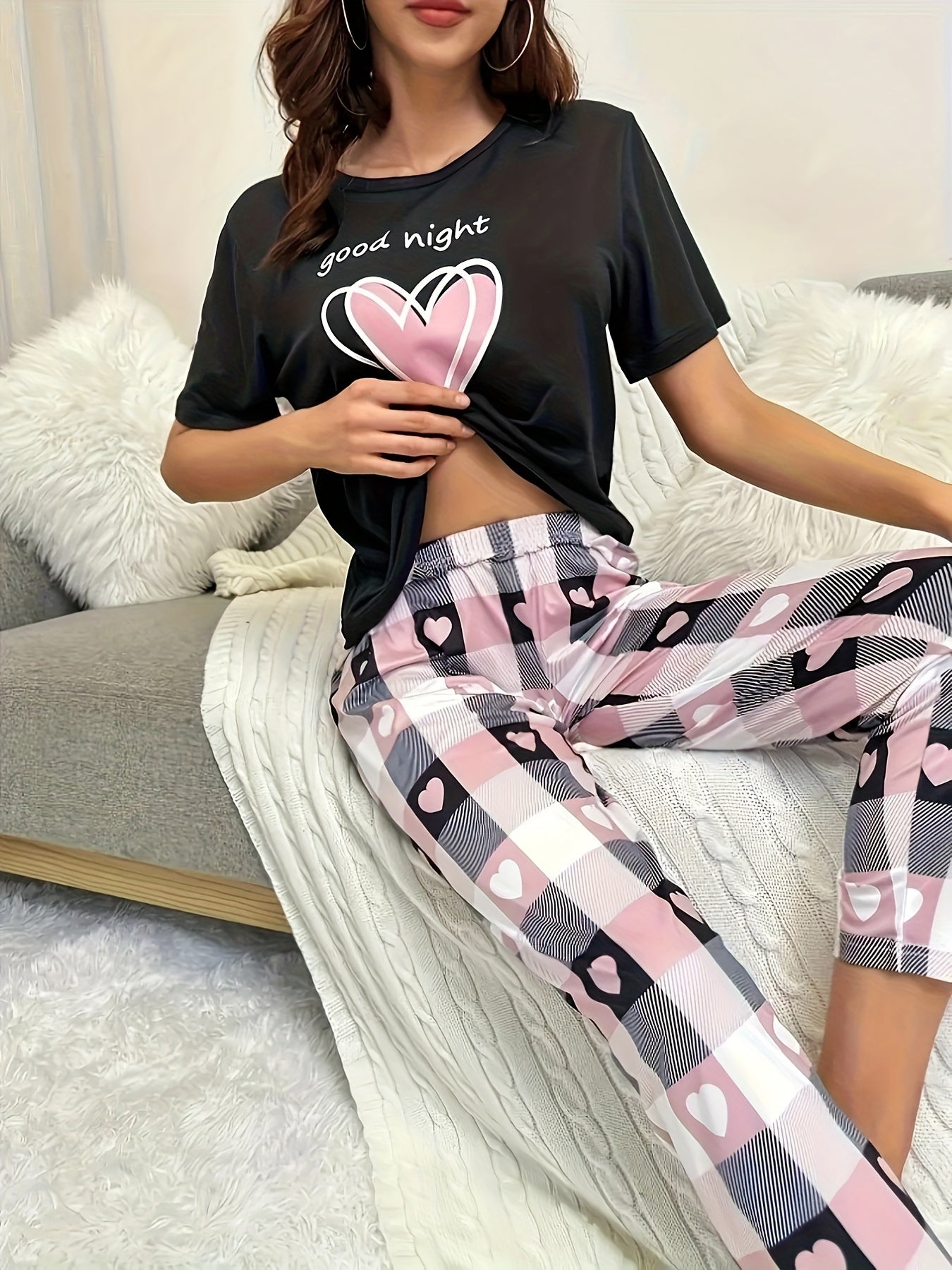 Romantic Heart Print Womens Two-piece Set - Lightweight Short Sleeve T-shirt & Flattering Wide Leg Pants Outfit - Fashionable Casual Wear for Everyday Style