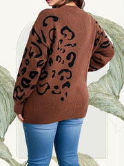 Plus Size Leopard Pattern Sweater, Casual Drop Shoulder Crew Neck Knitted Top, Women's Plus Size Clothing