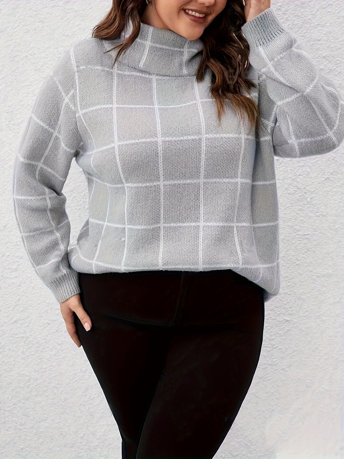 Plus Size Plaid Pattern Knit Sweater, Casual Turtleneck Long Sleeve Sweater For Fall & Winter, Women's Plus Size Clothing