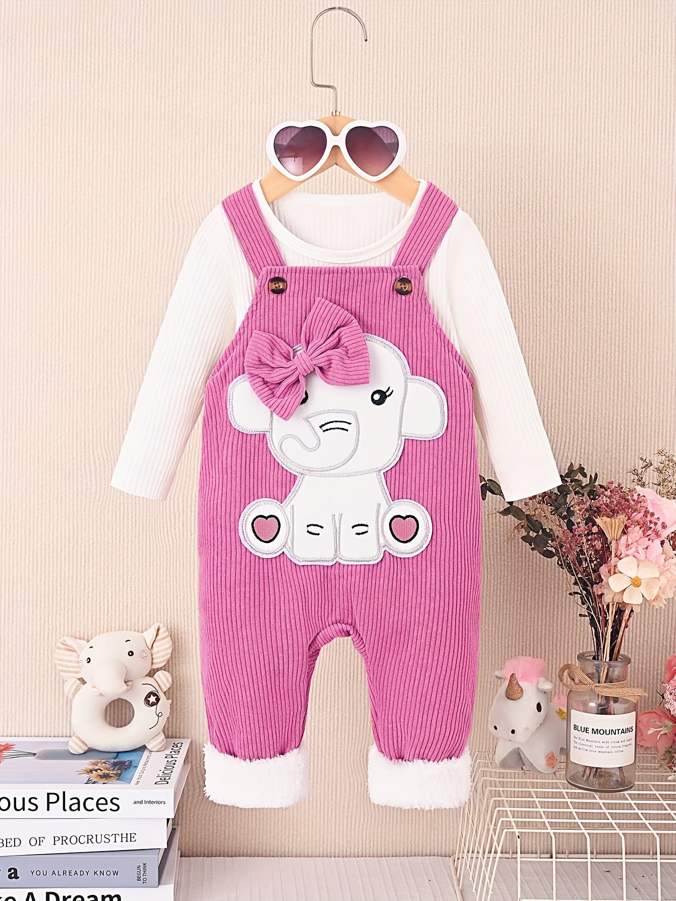 2pcs Baby's Bow Decor Elephant Embroidery Corduroy Overalls + Ribbed Long Sleeve Top, Toddler & Infant Girl's Clothing Set For Spring Fall