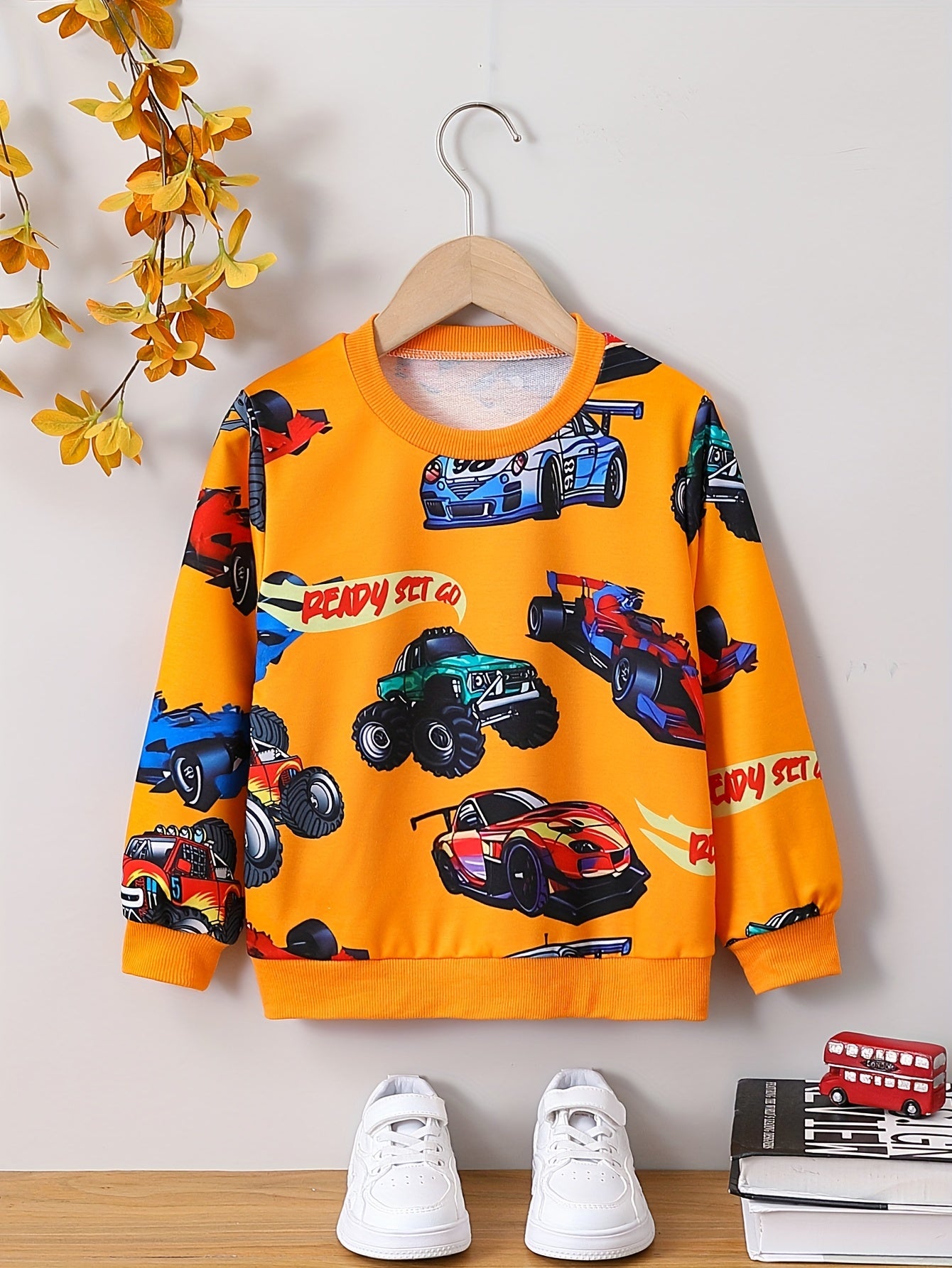 Cartoon Car Print Boys Casual Creative Pullover Sweatshirt, Long Sleeve Crew Neck Tops, Kids Clothing Outdoor