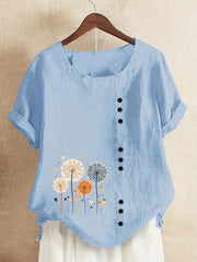 Dandelion Print Crew Neck Blouse, Casual Button Decor Short Sleeve Top For Spring & Summer, Women's Clothing