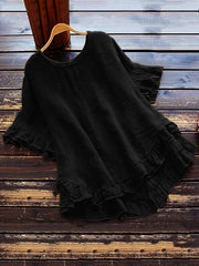 Button Detail Ruffle Hem Blouse, Casual Crew Neck Short Sleeve Blouse For Spring & Summer, Women's Clothing