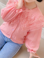 Girls Charming Lace Blouse with Sweet Collar - Long Sleeve Spring & Summer Tops - Adorable Casual Wear for Stylish Girls