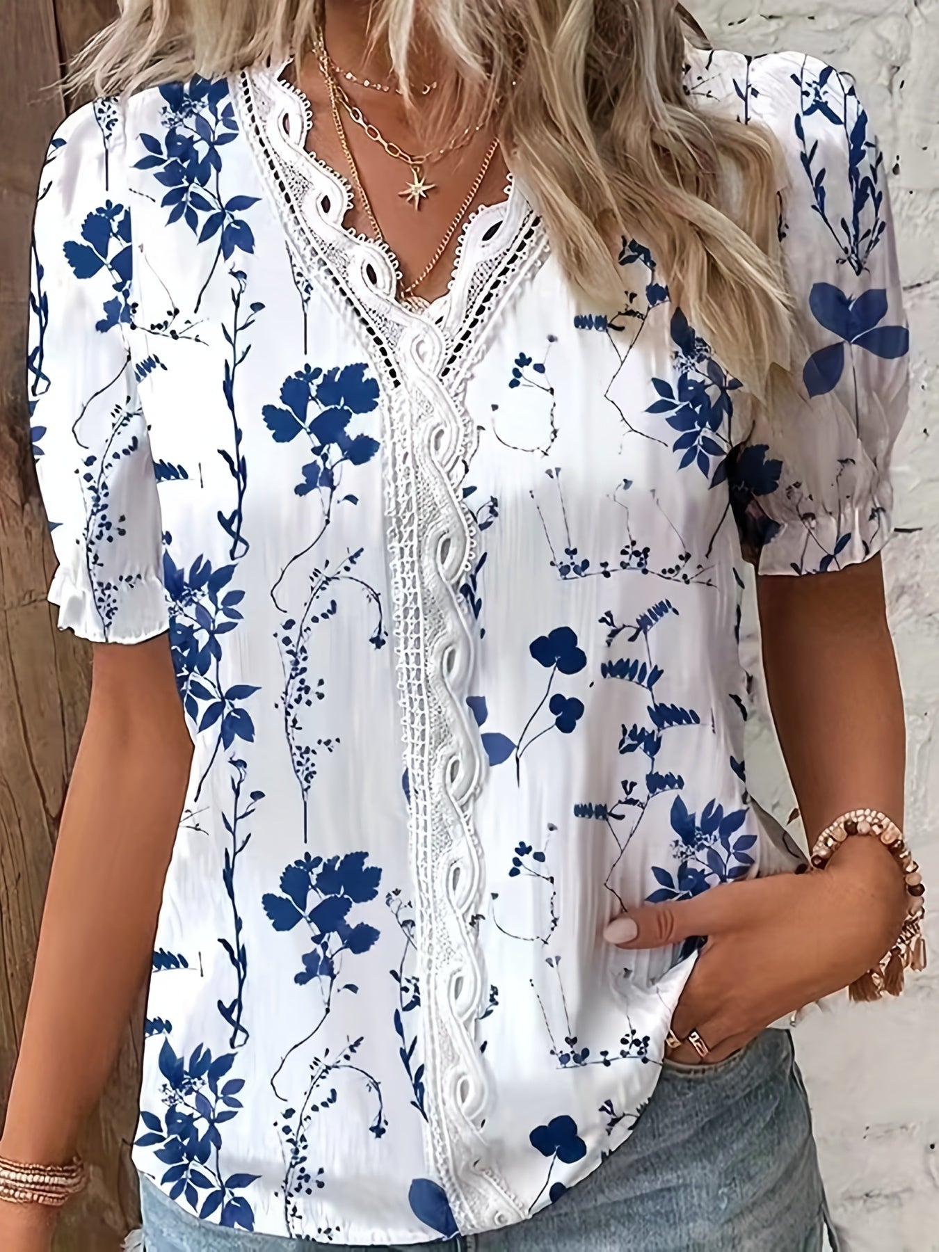 Floral Print Lace Trim Blouse, Vacation Striped V Neck Short Sleeve Blouse, Women's Clothing