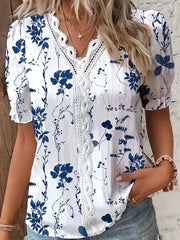 Floral Print Lace Trim Blouse, Vacation Striped V Neck Short Sleeve Blouse, Women's Clothing