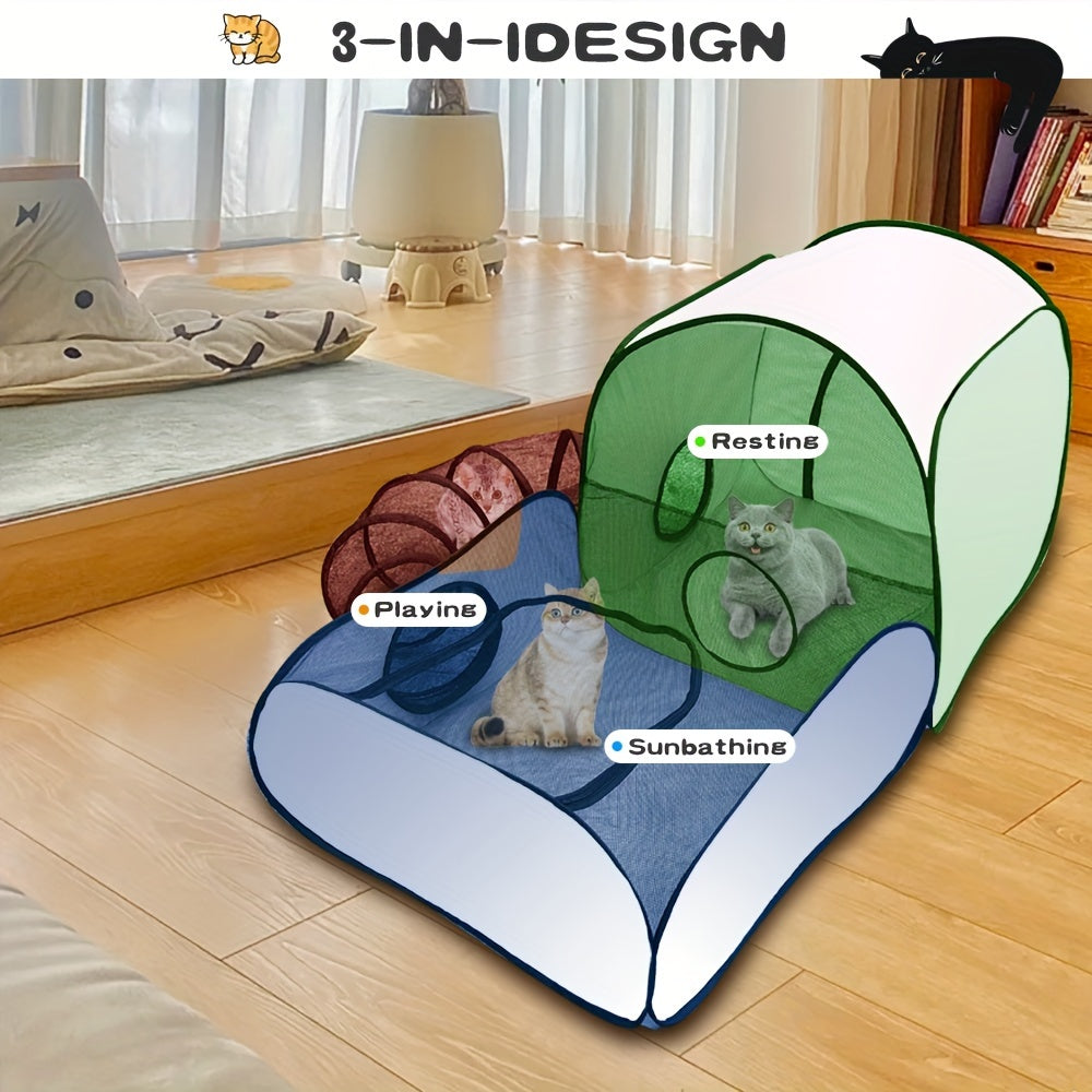 Portable Cat Playpen With Tunnel - Breathable & Soft Cotton Blend, Indoor/Outdoor Pet Fence For Cats And Small Animals, Includes Carry Bag - Kerala Elegance