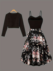 Leaf Print Pleated Elegant Set, Open Front Long Sleeve Cardigan & Backless Sleeveless Belted Cami Dress, Women's Clothing