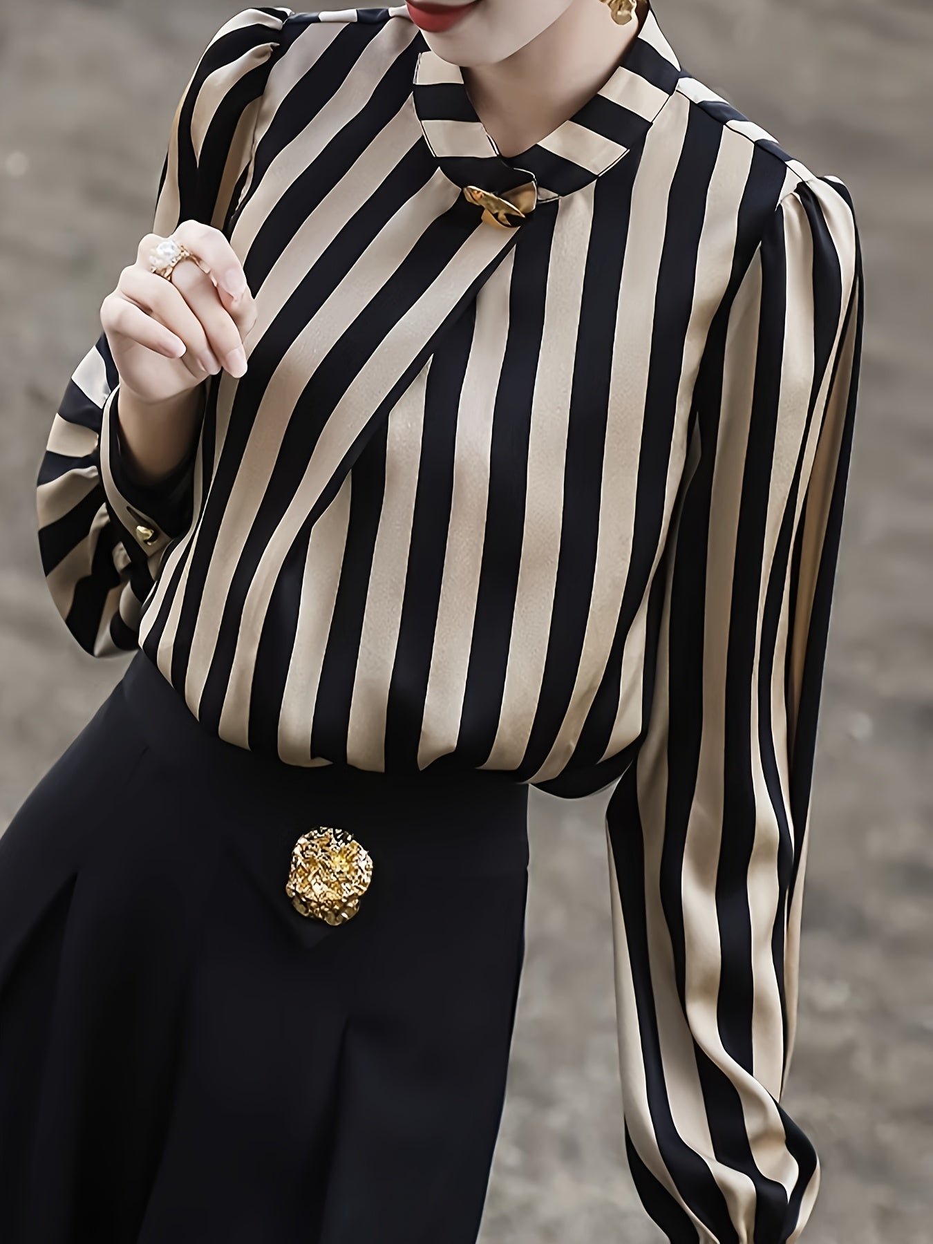 Striped Print Button Decor Blouse, Elegant Long Sleeve Blouse For Spring & Fall, Women's Clothing