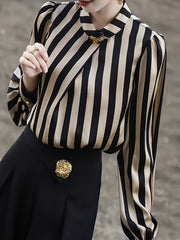 Striped Print Button Decor Blouse, Elegant Long Sleeve Blouse For Spring & Fall, Women's Clothing