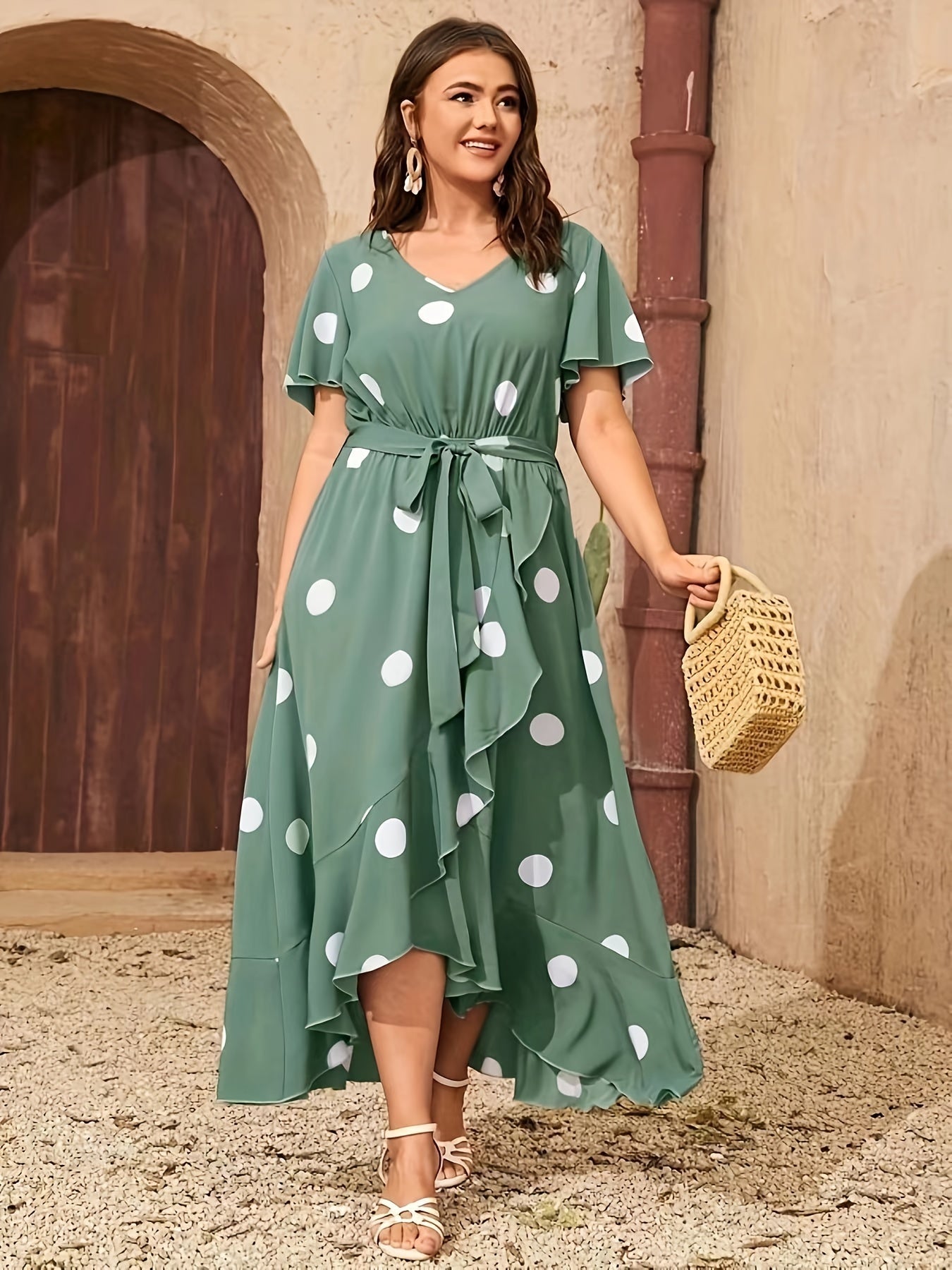 Plus Size Polka Dot Print Dress - Relaxed Fit with Flattering V-Neckline, Short Sleeves, and Adjustable Belt - Designed for Plus Size Women, Part of Our Womens Clothing Collection